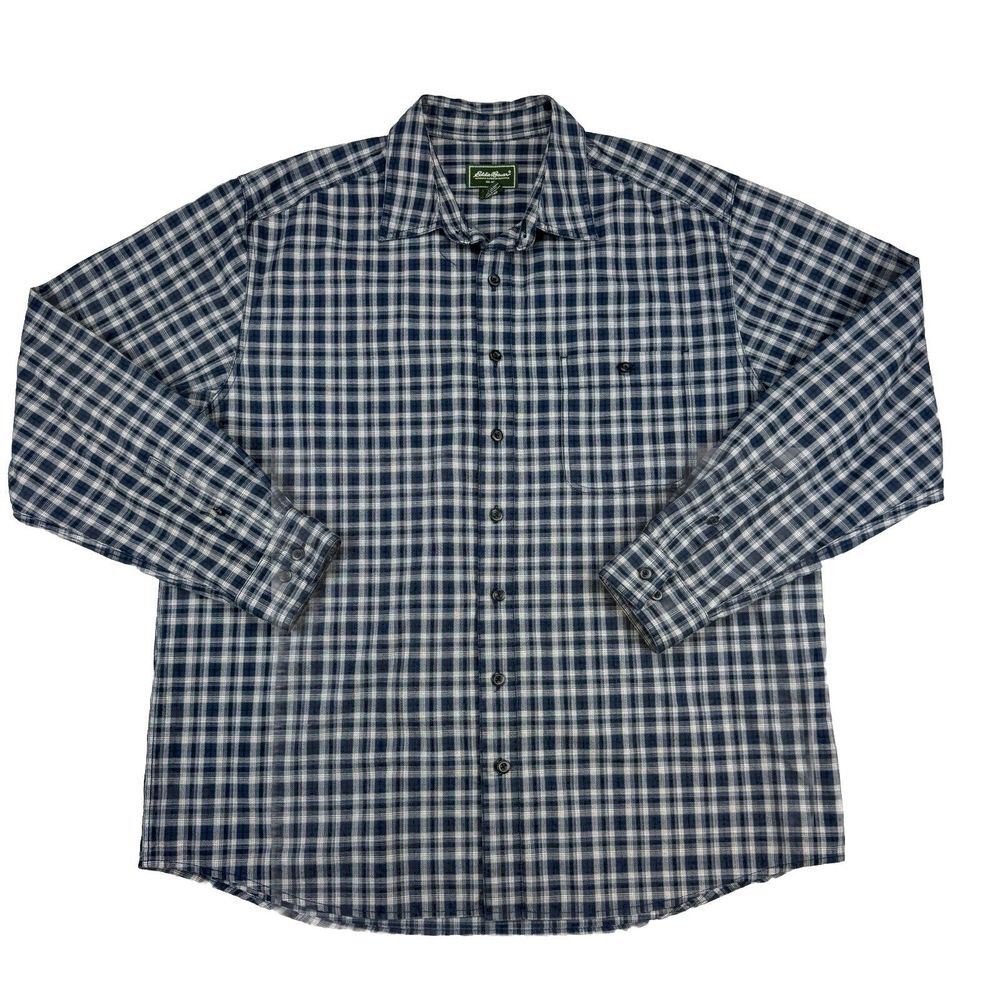 Eddie Bauer Men's TALL‎ XL 100% Cotton Flannel Blue/Black Plaid Button Shirt